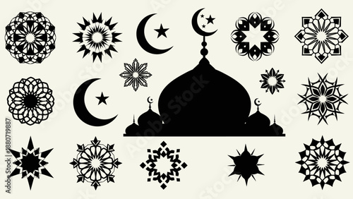 Islamic Art Silhouette Vector – Mosque with Crescent Moons, Geometric Patterns, and Stars for Ramadan, Eid, Spiritual Design, and Cultural Decoration Themes