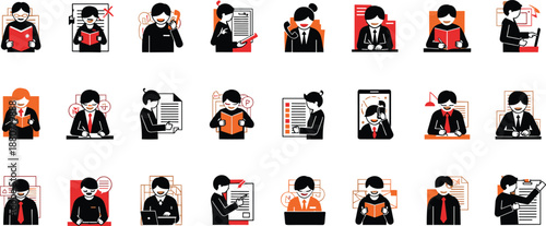 business paperwork and office employee illustration set, people reading reports, signing documents, corporate workflow tasks, management activities, flat character design