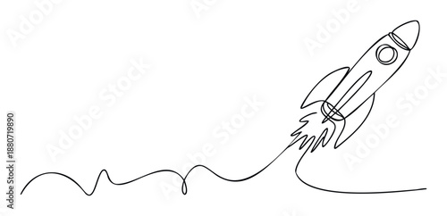 A single continuous line drawing of a rocket launching with a wavy trail representing a dynamic journey and progress ideal for business growth or innovation concepts
