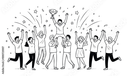A joyful diverse group of young adults celebrates a big achievement, hoisting a trophy and surrounded by confetti, ideal for showcasing business success, team victory, or collaborative