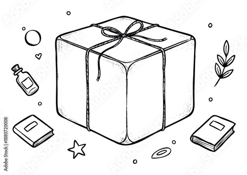 Hand drawn sketch of a gift box wrapped with ribbon and bow, surrounded by small items like books, a heart, a star, and a bottle, suitable for holiday promotions or celebration marketing