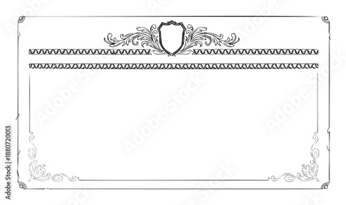 An elegant ornamental blank certificate frame featuring a prominent crest and intricate scrollwork, ideal for formal documents, awards, diplomas, or invitations requiring a sophisticated