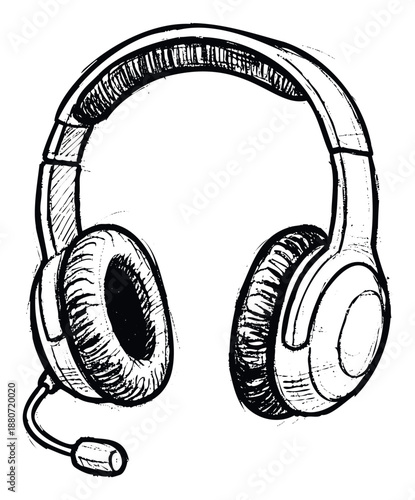 Handdrawn sketch of an overear headset with a boom microphone for gaming, music listening, and online communication purposes