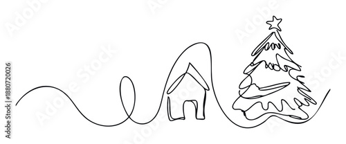 Continuous line drawing of a charming small home and a festive Christmas tree topped with a star perfect for holiday greeting cards and winter season promotions