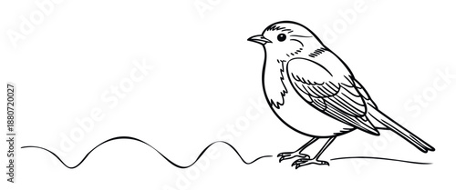 A charming handdrawn outline of a little bird perching on a simple line with an expressive wavy path, ideal for childrens books, educational materials, or naturethemed graphic projects.