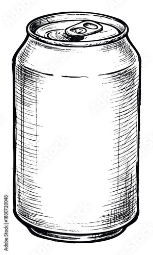 Hand drawn black and white beverage can sketch offering a versatile graphic resource for packaging concepts, food and drink product presentations, or a cool vintage aesthetic for various