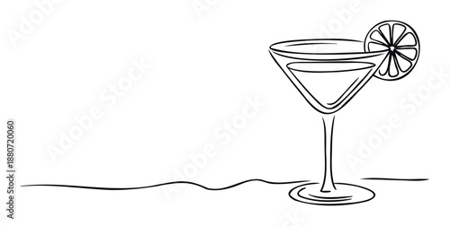 A stylish single line drawing of a refreshing cocktail drink served in a martini glass with a citrus slice, perfect for beverage menus, event invitations, or bar decor