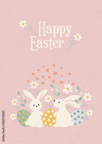 Easter poster. Funny bunnies are hiding between Easter colored eggs. Modern minimalist art style