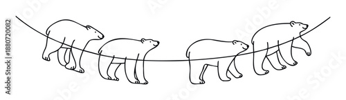 Smiling polar bears walking together on a curved line, perfect for playful childrens themed products, educational resources, or cheerful home decor.