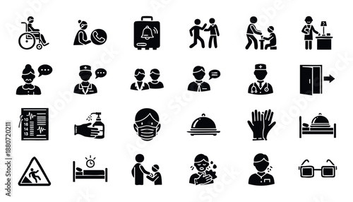 Essential healthcare hospitality and safety service glyph icons for medical facilities hotels and public areas needing clear visual communication tools