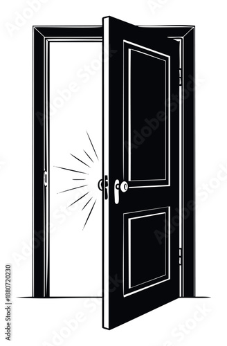 Black and white drawing of an open door with rays of light shining through, symbolizing new possibilities and exciting opportunities for various marketing and inspirational applications.