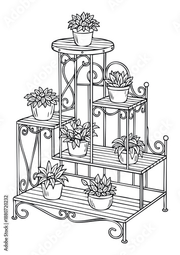 Decorative multitiered plant stand featuring several potted green plants on its shelves, ideal for gardening themes and home decor projects or botanical themed coloring activities.