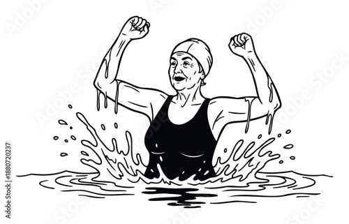 A strong senior woman wearing a swim cap and swimsuit triumphantly emerges from the water with fists raised, symbolizing determination and active aging for health and wellness campaigns.