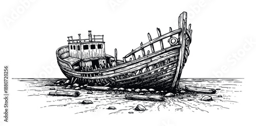A dramatic black and white woodcut style drawing portrays an old dilapidated shipwrecked fishing boat stranded on a rocky beach, perfect for historical, nautical, and coastal design themes.
