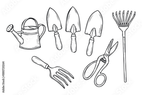 Collection of essential gardening tools including a watering can, trowels, rake, hand fork, and pruning shears for home garden care and outdoor activities