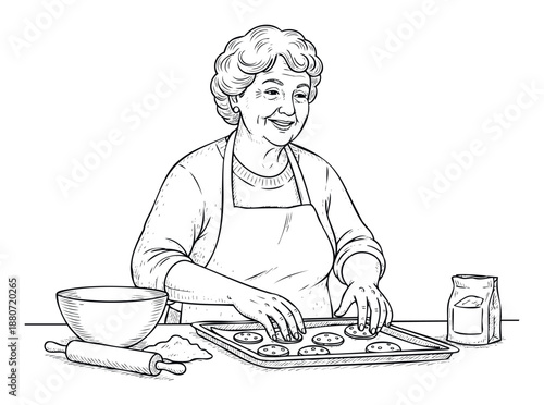 Happy senior woman in an apron baking homemade cookies on a baking sheet with various kitchen ingredients, perfect for culinary blogs, traditional recipe books, or familyfocused