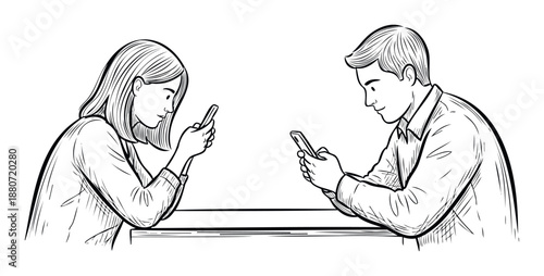 A man and woman engrossed in their smartphones while sitting at a table together symbolizing modern communication challenges and social disconnection in relationships