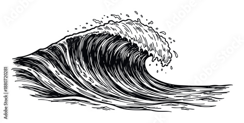 Powerful ocean wave crashing with splashing water in a dynamic handdrawn black and white line sketch for summer, surf, or nature themed projects