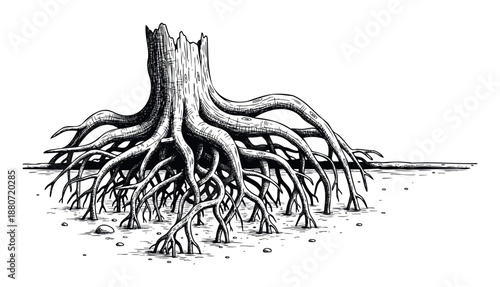 A detailed black and white hand drawn engraving style depiction of an old weathered tree stump with intricate exposed roots spreading across the ground, perfect for natural history