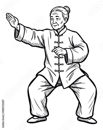 An elderly Asian woman practicing Tai Chi martial arts in a traditional uniform, perfect for illustrating health, wellness, and fitness concepts.