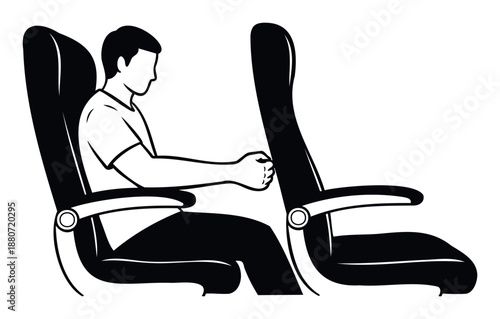 Man experiencing discomfort in an airplane economy class seat, holding the seat in front, suitable for travel safety guidelines or passenger experience presentations