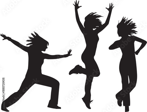Silhouettes of three active women dancing and jumping in a fitness class workout on white background