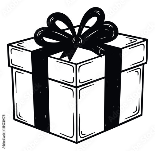 A handdrawn style present box adorned with a decorative ribbon and bow is ideal for conveying surprise, generosity, or festive cheer on invitations and digital media.