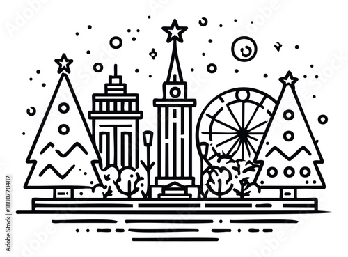 Black and white monoline drawing of a festive winter cityscape featuring Christmas trees, modern buildings, and a Ferris wheel, ideal for seasonal greetings and urban holiday promotions.