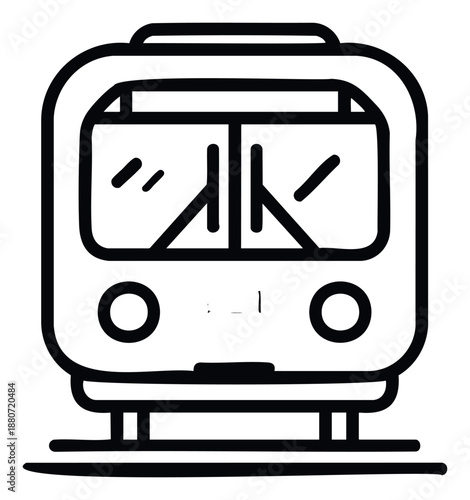 Simple front view doodle style outline of a modern public transport train vehicle for urban travel and city transportation themed projects and educational materials