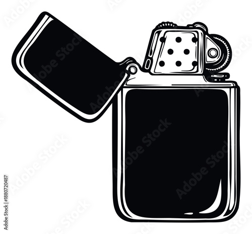 A classic open flip top lighter presented in a bold graphic style, perfect for various projects requiring a distinct smoking accessory icon or vintage design element