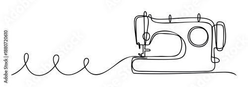 Continuous single line drawing of a modern sewing machine and looping thread for various craft, textile, or tailoring projects and hobby shop branding