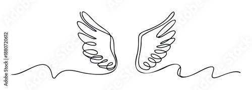 Elegant continuous line drawing of angel wings symbolizing freedom and spiritual journey, perfect for various graphic projects and inspirational content applications.