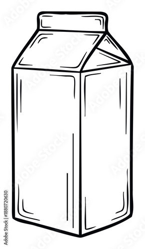 A simple black and white outline drawing of a classic gabletop carton suitable for holding milk or juice perfect for food and beverage packaging concepts or educational materials
