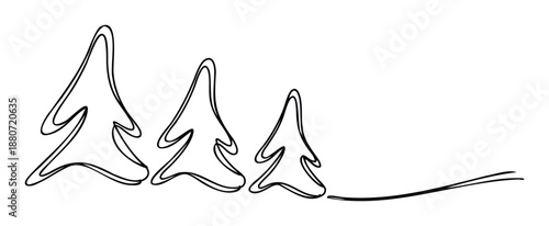 Modern continuous line drawing portraying three stylized Christmas trees, ideal for seasonal graphic projects, holiday cards, winter celebrations, and festive event invitations.
