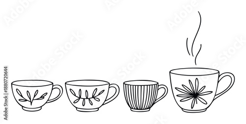 Simple line drawing of various tea and coffee mugs featuring diverse botanical and geometric decorations, including one steaming hot beverage, perfect for cafe branding or kitchen decor