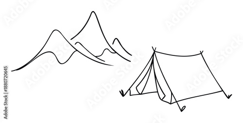 Minimalist line drawing of mountains and a camping tent perfect for nature themed travel brochures outdoor adventure posters or simple website graphics