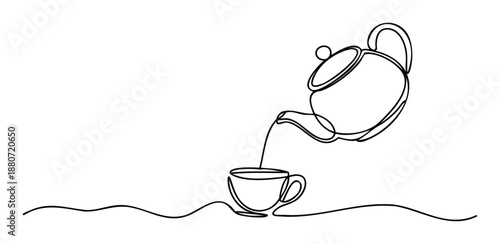 Elegant continuous line drawing of a teapot pouring tea into a cup, ideal for beverage company branding or minimalist kitchen decor