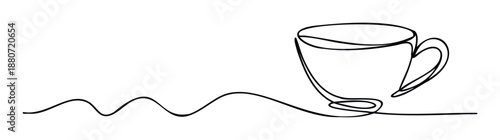 Continuous one line drawing of a hot beverage cup with a flowing wavy underscore suggesting warmth and inviting a relaxing coffee break for various branding and decorative purposes