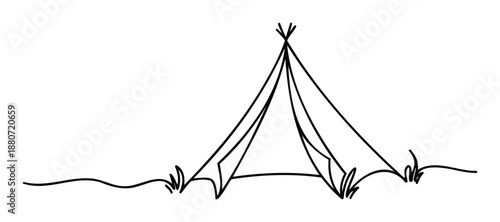 Minimalist black line drawing of a traditional teepee tent or outdoor camping shelter with simple ground details for travel and adventure themed projects