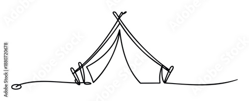 Continuous single line drawing of a classic camping tent perfect for illustrating outdoor adventure travel themes or minimalist nature exploration graphics.