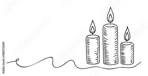 Simple hand drawn doodle of three lit candles with flames connected by a continuous wavy line, perfect for spiritual themes or minimalist holiday greetings.