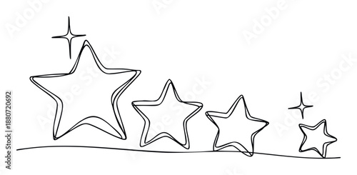 Continuous line drawing of four decreasing size stars with sparkling accents, perfect for rating systems, achievement badges, or decorative graphic backgrounds and childrens book