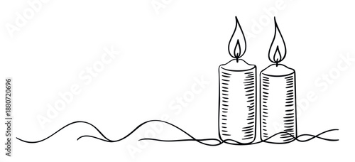 Minimalist continuous line drawing depicting two lit candles with delicate flames, perfect for meditation, relaxation, or elegant celebration designs