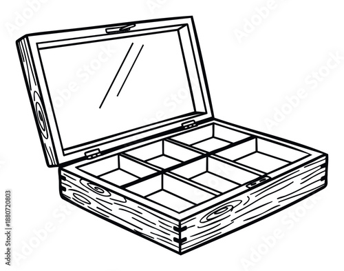 Open wooden box with a clear glass lid and multiple partitioned compartments, perfect for organizing jewelry, tea bags, spices, or small crafts, useful for home storage and retail display.