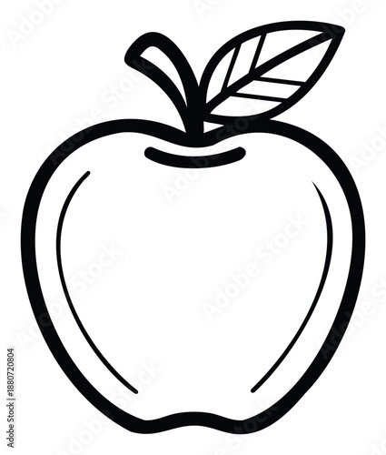 Simple black outline drawing of an apple with a stem and a single leaf, perfect for educational materials, health campaigns, or minimalist graphic projects requiring a clean fruit symbol