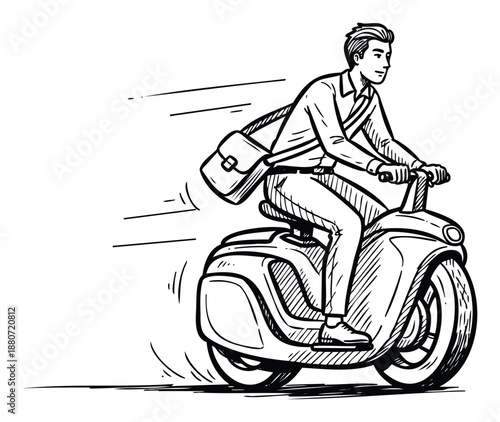 Dynamic sketch depicting a young businessman commuting quickly on a modern scooter, perfect for urban transportation advertisements and daily life concepts