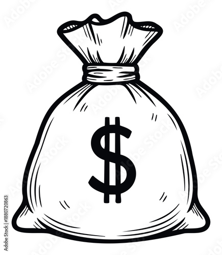 Stylized black and white money bag graphic with a prominent dollar sign, perfect for financial articles, business content, wealth management, and economic projections.
