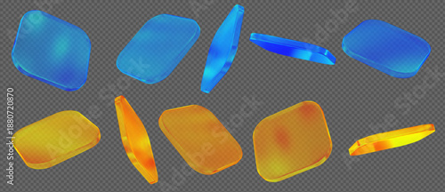 3d glass transparent rectangle with rounded angles, podium or shape element with different angles. Holographic square figure. Blue and yellow abstract element. Stock vector illustration on isolated ba