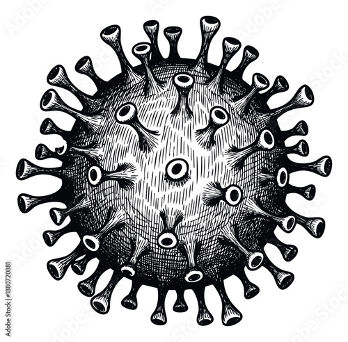 Detailed depiction of a virus organism with spike proteins in a distinctive handdrawn style, perfect for educational materials, health awareness campaigns, or scientific publications.