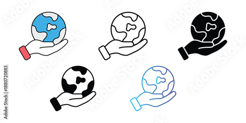 Set of 5 Hand Holding Earth Globe Icons Vector isolated on Transparent Background